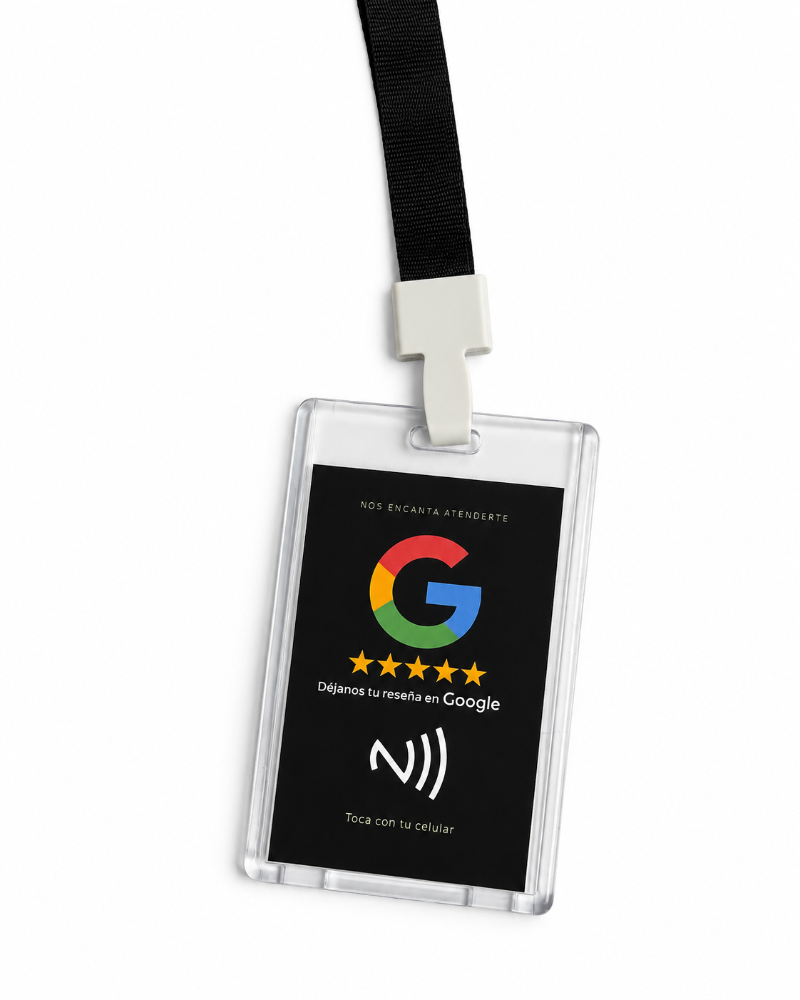 Gafete negro, con lanyard, fotografía original de JEV ID